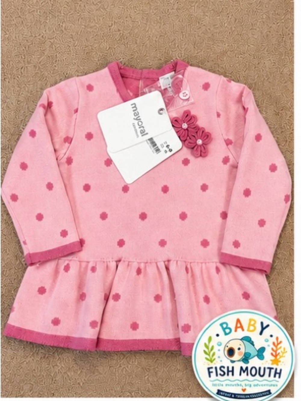 Mayoral Newborn Pink Polka Dot Knit Dress 6-9M NWT Floral Appliqué